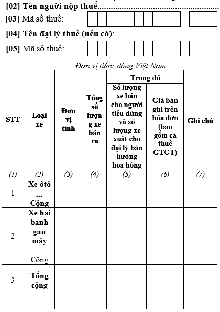 Mẫu số 01-3/GTGT: phụ lục bảng kê số lượng xe ôtô, xe hai bánh gắn máy bán ra Mẫu Số 01-3/Gtgt: Phụ Lục Bảng Kê Số Lượng Xe Ôtô, Xe Hai Bánh Gắn Máy Bán Ra